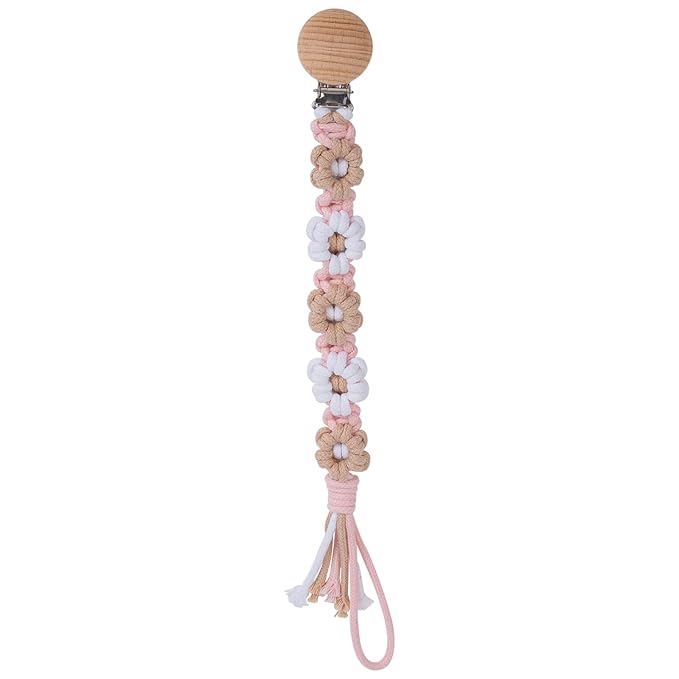 Pacifier Clip for Boys Girls Floral Daisy Macrame Baby Paci Clip Pacifier Holder Leash Boho Wooden Clips Handmade Braided Cotton Binky Clips (1pack:Khaki Style B)