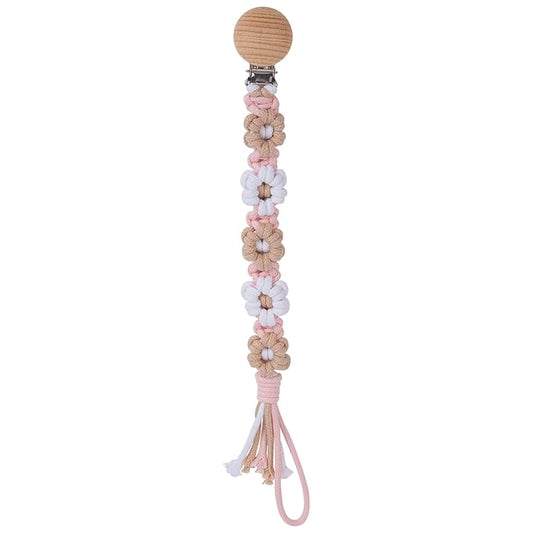 Pacifier Clip for Boys Girls Floral Daisy Macrame Baby Paci Clip Pacifier Holder Leash Boho Wooden Clips Handmade Braided Cotton Binky Clips (1pack:Khaki Style B)
