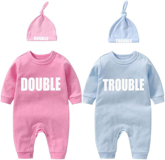 YSCULBUTOL Baby Twins Bodysuits Funny Double Trouble Cute Girl Romper Twin Jumpsuits Hat Set