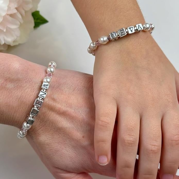 Sterling Silver Initial Bracelet, Silver Beads and Alphabet letters with your Name, Birthday Girl Bracelets for Girls Baptism Gifts, Personalized Birthday Gifts