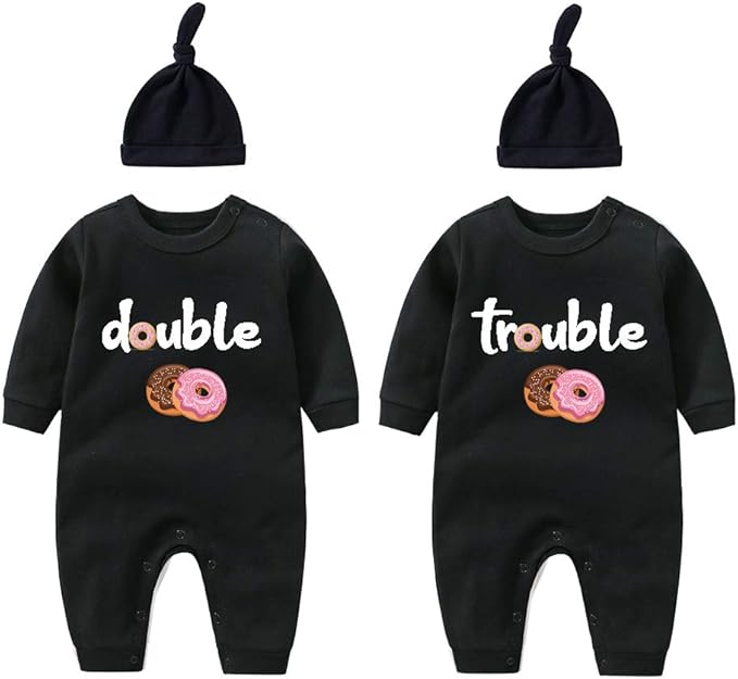 YSCULBUTOL Baby Twins Bodysuits Funny Double Trouble Cute Girl Romper Twin Jumpsuits Hat Set