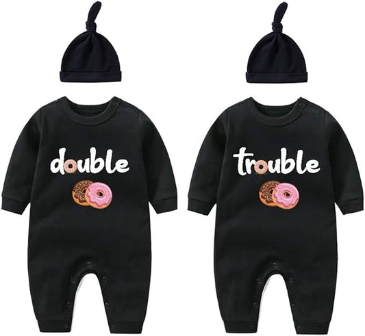 YSCULBUTOL Baby Twins Bodysuits Funny Double Trouble Cute Girl Romper Twin Jumpsuits Hat Set