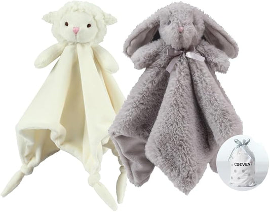 CREVENT 2pcs Soft Plush Animal Face Security Blankets for Boys and Girls, Great Gifts for Birthday Baby Shower (Sheep + Bunny)