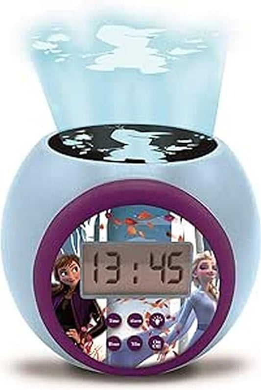 LEXIBOOK, Projector Clock Disney Frozen 2 Anna Elsa with Snooze Alarm Function, Night Light with Timer, LCD Screen, Battery Operated, Blue/Purple, RL977FZ