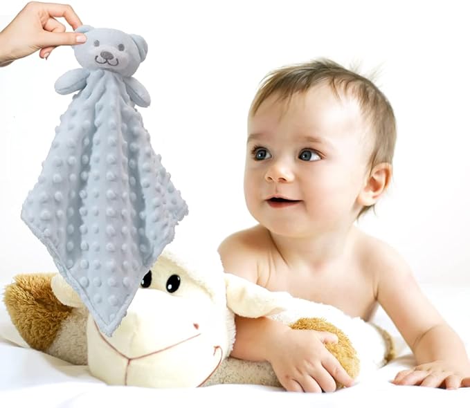 CREVENT Cozy Plush Baby Security Blanket Loveys for Baby Boys, Minky Dot Front + Sherpa Backing with Animal Face (Blue Bear)