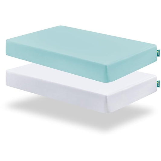 Biloban Crib Sheets Fitted, 2 Pack Crib Sheet Fits for Standard Crib Mattress, Neutral Toddler Bed Sheets for Baby Boys and Girl, White & Aqua, 52”X 28”