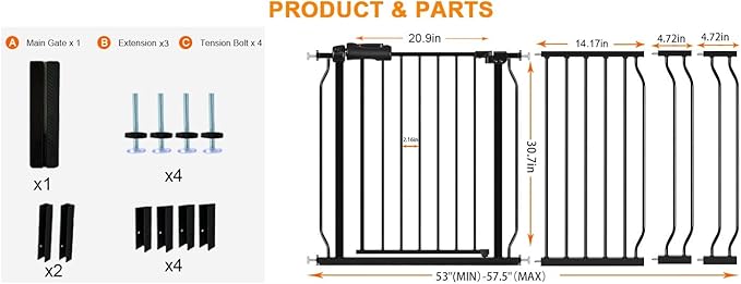 HOOEN 30" Tall Extra Wide Baby Gate for Doorways Stairs 53 to 57.5 Inch Large Long Wide Pressure Mounted Pet Dog Gate Walk Through Child Safety Gate with Extension Kit