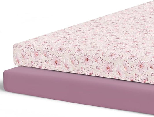 Pobibaby – 2 Pack Pack N Play Sheets and Mini Crib Sheets Fitted, Premium Ultra-Soft Jersey Knit Baby Sheets – Stylish Floral Pattern, Safe and Snug for Standard Playards and Mini Cribs (Blossom)