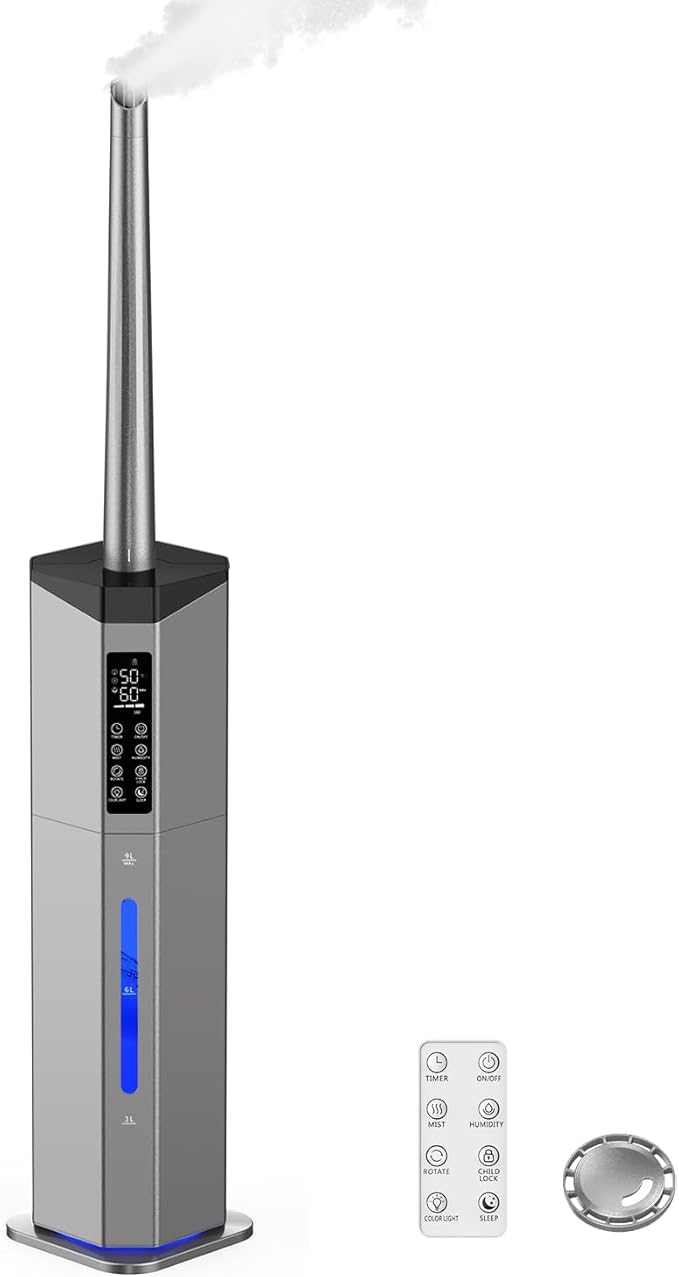 Humidifiers for Bedroom - GloryAir 2.38Gal/9L Dual Atomizers Top Fill Humidifier for Large Room 2000ft² with Auto Rotation 7-Color Light Humidistat Quiet Commercial Humidifiers for Plants Baby Adults