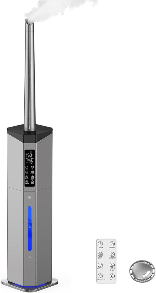 Humidifiers for Bedroom - GloryAir 2.38Gal/9L Dual Atomizers Top Fill Humidifier for Large Room 2000ft² with Auto Rotation 7-Color Light Humidistat Quiet Commercial Humidifiers for Plants Baby Adults