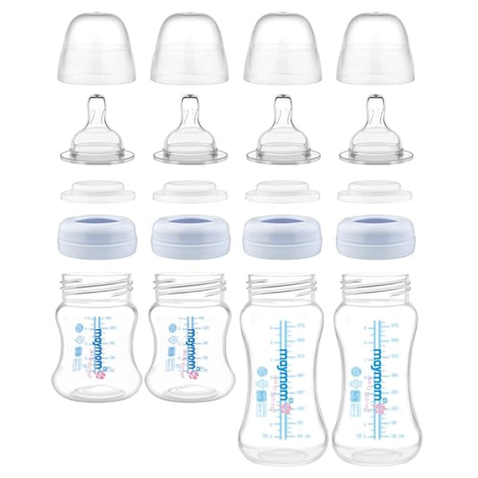 Maymom Wide-Mouth Milk Storage Collection Feeding Bottle with Nipple, Dome Cap, Bottle Top, SureSeal Disk; Compatible with Spectra/Luna Pumps; 4.7oz/140mL, 2pc & 9oz/280mL, 2pc