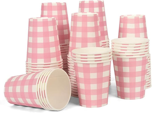 100pcs 9 oz gingham party Paper cups, Pink Disposable Plaid Paper Checkered Cups for Wedding Birthday Party, Travel, Baby Shower Picnic