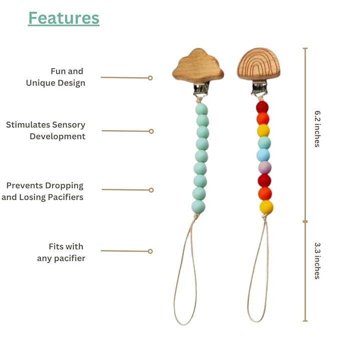 Wood Paci Clips 2 Pack for Baby Girl & Boy, Premium Flexible Bead Design, Universal Fit, Safe Pacifier Holder