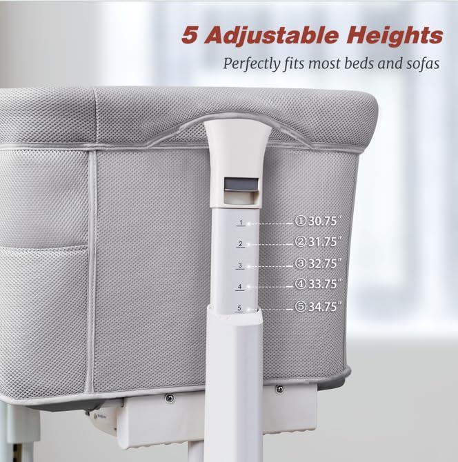Electric Rocking Bassinet for Baby, Automatic Bedside Sleeper Electric Baby Cradle for Infant Newborn with Wheels, Smart Auto Rocking Crib 3 in 1 Bassinet 5 Heights Adjustable, Light Grey