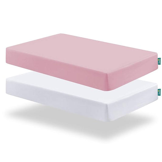 Biloban Crib Sheets Fitted, 2 Pack Crib Sheet Fits for Standard Crib Mattress, Neutral Toddler Bed Sheets Girl, White & Pink, 52”X 28”