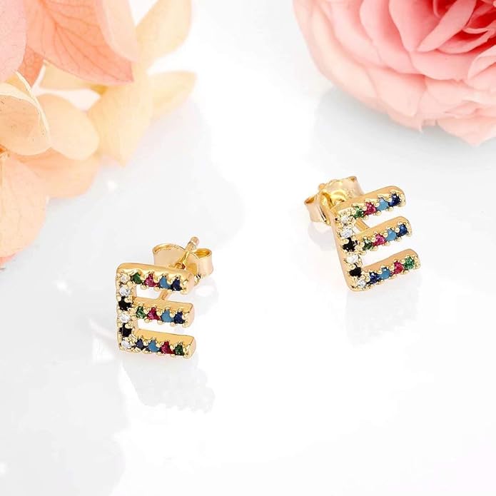 Memorjew Initial Stud Earrings for Women, Hypoallergenic 925 Sterling Silver Post Rainbow Cubic Zirconia Gold Plated 26 Initial Earrings for Women Jewelry Gifts