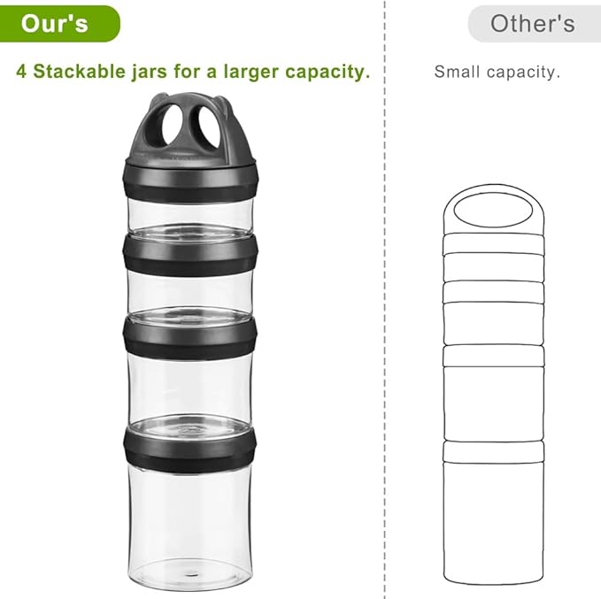 SELEWARE Portable Stackable Food Storage Containers for Snacks Formula Powder and Drinks Twist Lock System Airtight Leak-proof BPA and Phthalate Free 4 Piece Jars 31oz, Black
