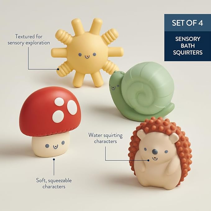 Itzy Ritzy Water-Squirting Sensory Bath Toys – Soft, Textured & Easy to Squeeze for Babies & Toddlers – Characters for Fun & Motor Skill Development - Set of 4 Includes Sun, Snail, Mushroom & Hedgehog