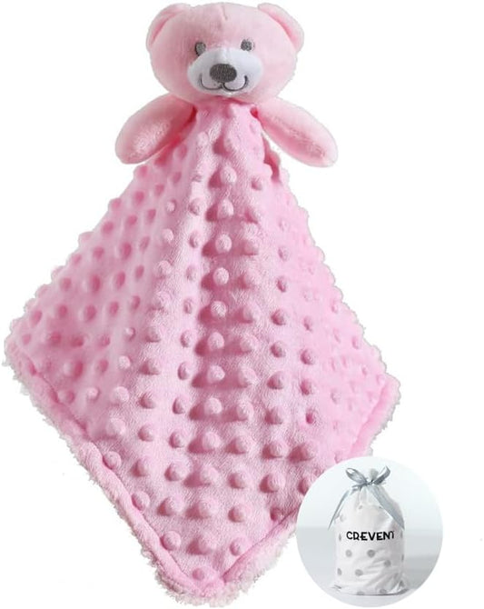 CREVENT Baby Comforting Security Blanket Lovey for Newborn Baby Girls Infants, Minky Dot Front + Sherpa Backing with Animal Face (Pink Bear)