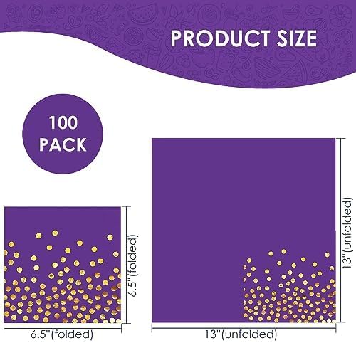 13 x 13 In Purple Cocktail Napkins,Purple and Gold Beverage Napkins,100 PCS Disposable Paper Napkins for Bar,Weddings,Birthday Party Supplies