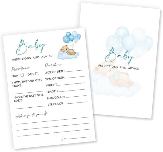 Baby Predictions & Advice Baby Shower Games, 25 Double-Sided Blue Bear Games for Boys, Interactive Party Supplies - B04