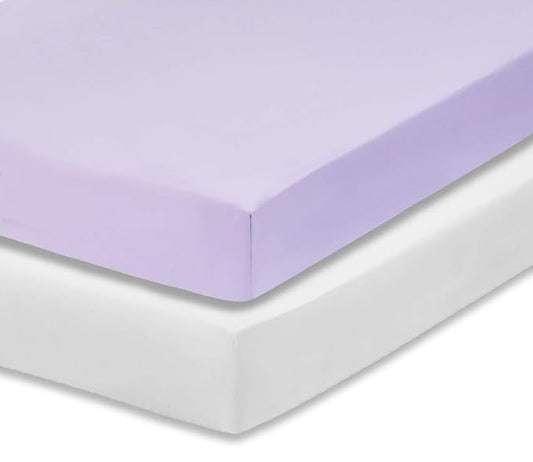 Everyday Kids 2-Pack Fitted Crib Sheets, 100% Soft Breathable Microfiber Baby Sheet, Fits Standard Size Crib Mattress 28in x 52in, White Nursery Sheet and Lavender Nursery Sheet