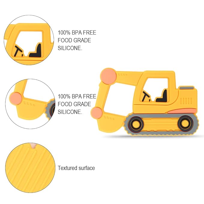 Baby Silicone Teether,Sensory Chew Toys,BPA Free Soft and Effective Infant Teething Pain Relief Toys,Freezer Safe,Food Grade Silicone,Best Shower Gift for Boys and Girls (Yellow Excavator)