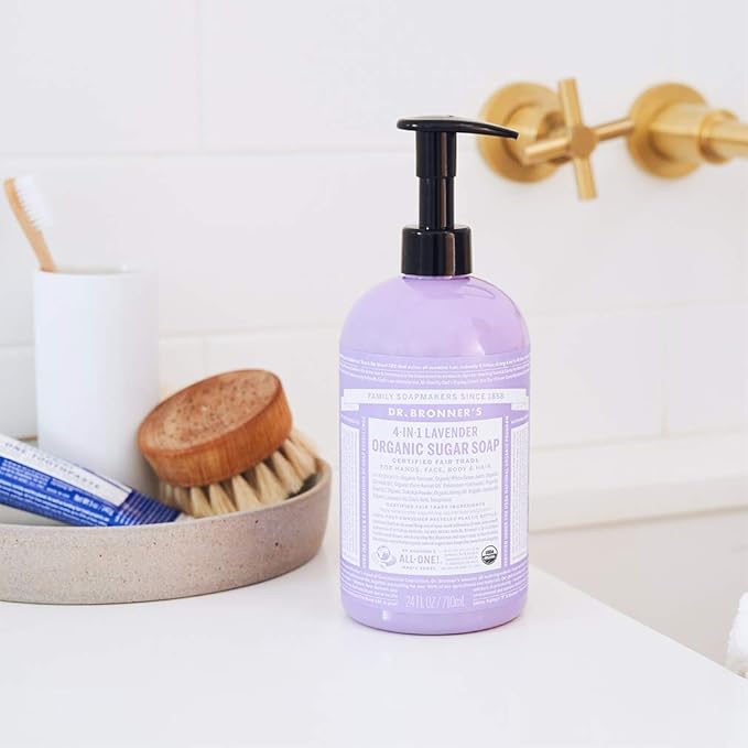 Dr. Bronner’s - Organic Sugar Soap (Lavender, 24 Ounce) - Made with Organic Oils, Sugar and Shikakai Powder, 4-in-1 Uses: Hands, Body, Face and Hair, Cleanses, Moisturizes and Nourishes, Vegan