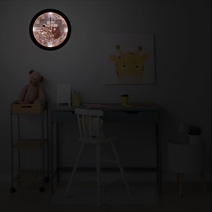Evelyne Product Image LED Round Wall Clock - 12.5" Happy Halloween Pumpkin Style Dial, Battery Operated, Night-time Sensor - Easy-to-Read Analog for Bedroom, Office & Living Room