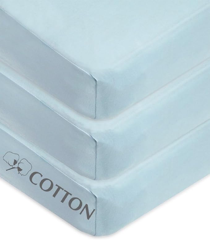 American Baby Company 3 Pack 100% Natural Cotton Fitted Crib Sheets 52" x 28" - Soft, Breathable, Hypoallergenic & Gentle Toddler Bed Sheets, Blue, Neutral for Boys & Girls