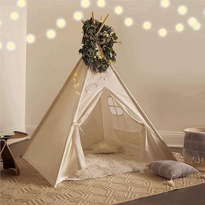 PLAYVIBE Teepee Tent for Kids - Castle Theme, Plastic Canopy - Indoor & Outdoor Toddler Playhouse with LED Star Lights & Cozy Reading Nook