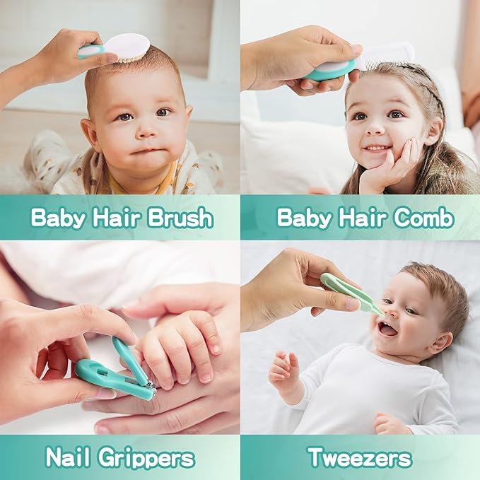 Baby Grooming Kit, Electric Safety Nail Trimmer Baby Nursery Kit，Infant Safety Care Set with Hair Brush Comb Nail Clipper Nasal Aspirator,Baby Essentials Kit for Newborn Girls Boys (20 Pc Green Kit)