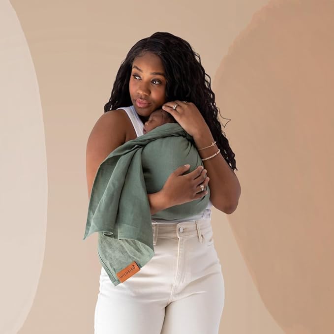 WildBird - Ring Sling Baby Carrier - Newborn to Up to 35 lbs - for Moms, Dads & Caregivers - 100% Natural European Linen Fibers - Versatile & Adjustable - 74” Size - Acadian Fabric & Rose Gold Ring
