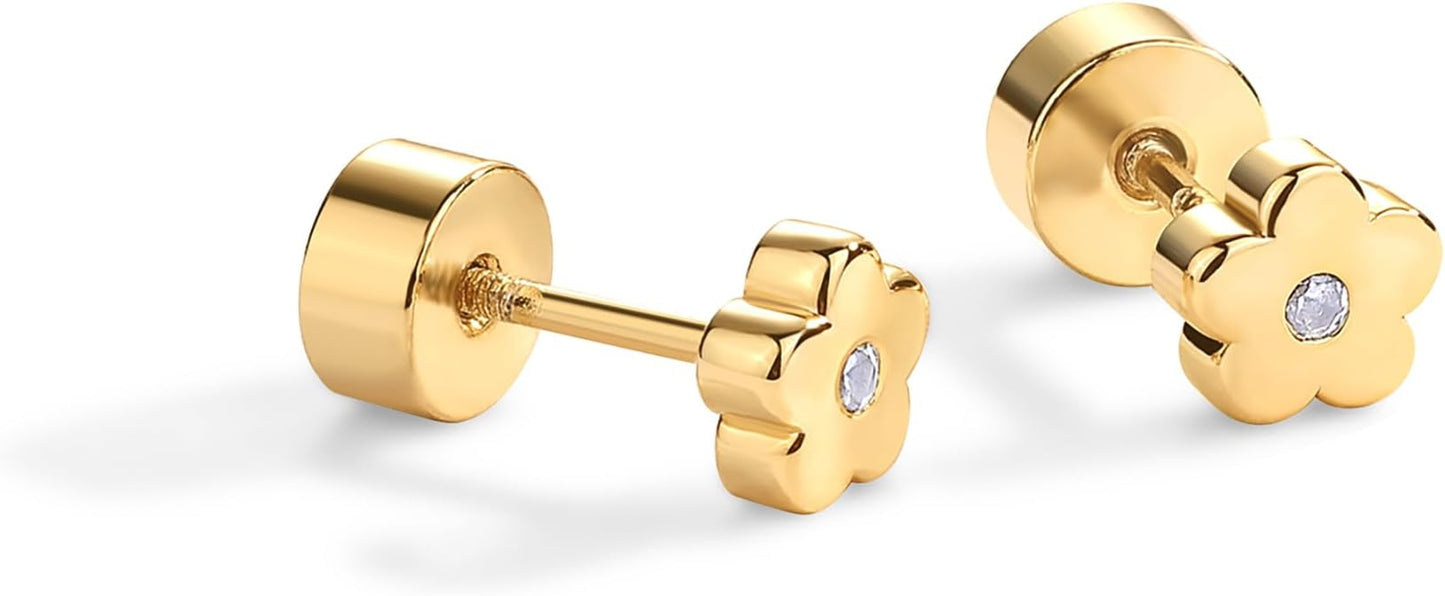 PAVOI 14K Gold Plated Dainty Flat Back Earrings for Women - Hypoallergenic Sterling Silver Posts Helix Cartilage Piercing Jewelry - Emoji Motif Bow Celestial Flatback Gold Stud Earrings Screw Back