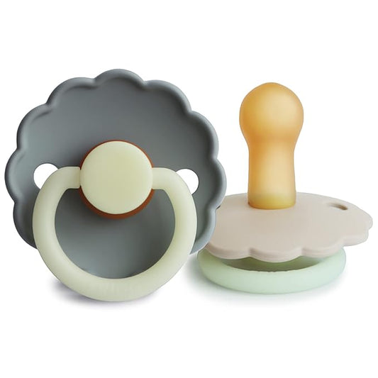 FRIGG Daisy Night Natural Rubber Baby Pacifier | Made in Denmark | BPA-Free (French Gray/Croissant, 6-18 Months) 2-Pack