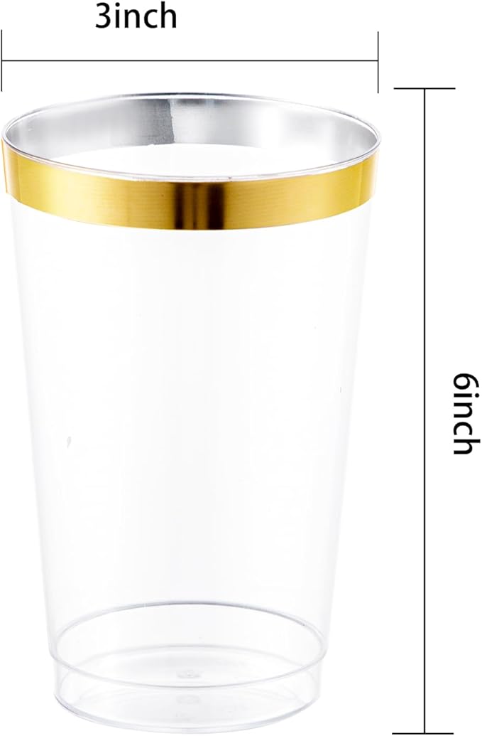 WDF 100 PACK Gold Plastic Cups - 12 OZ Gold Rimmed Disposable Cups for Party, Holiday Gathering, Wedding