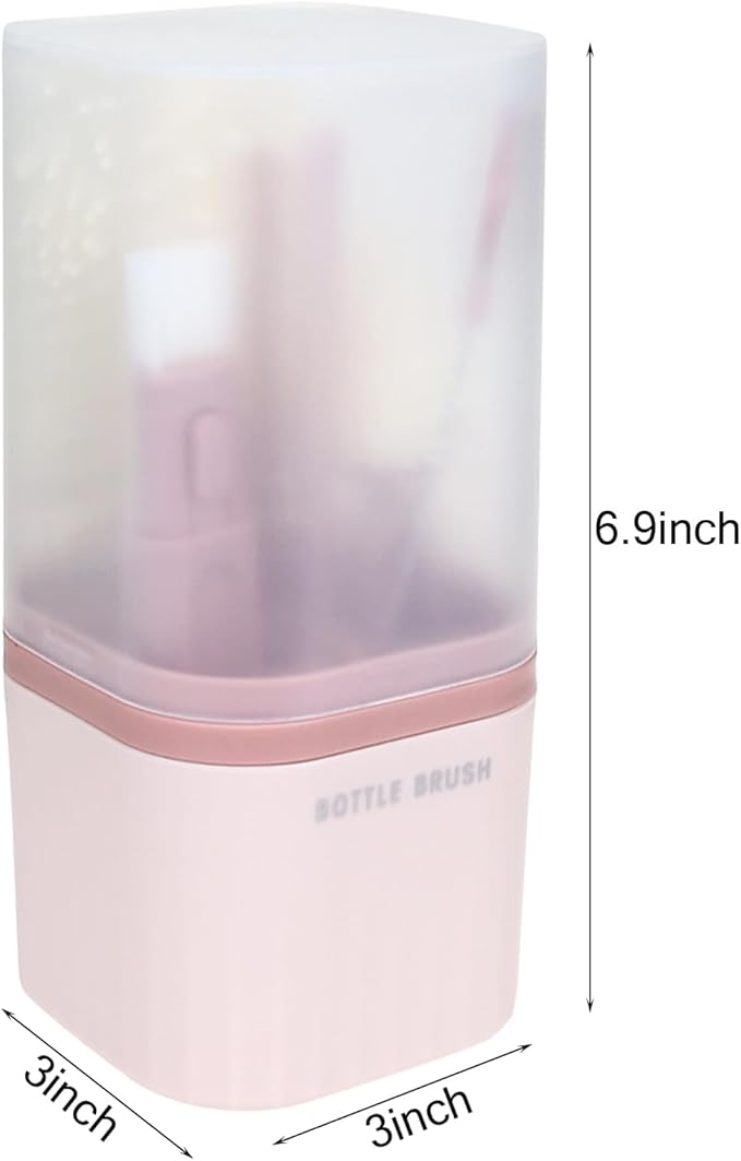 Silicone Baby Bottle Brush Set, Includes Baby Bottle Brush, Nipple Brush, Straw Brush, Spout Brush, Drying Rack and Storage Box, Portable and Travel-Friendly (Round - Pink)
