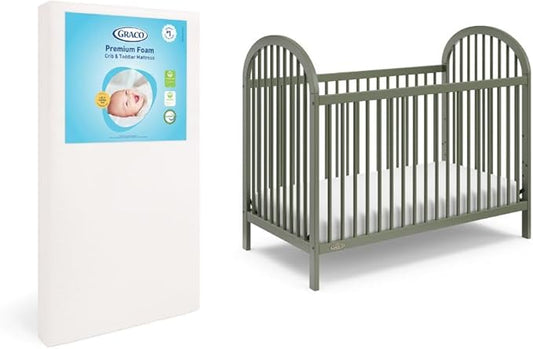 Graco Olivia Convertible Crib and Graco Premium Foam Crib & Toddler Bed Mattress Bundle (Olive) – GREENGUARD Gold Certified, Standard Crib Mattress, Baby Crib Converts to Toddler Bed & Daybed