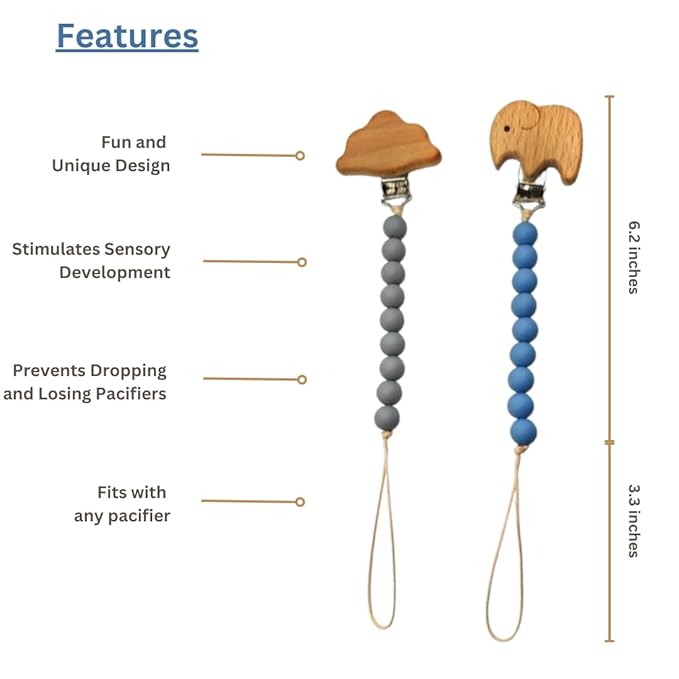Wood Paci Clips 2 Pack for Baby Boy, Premium Flexible Bead Design, Universal Fit, Safe Pacifier Holder