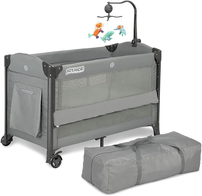 JOYMOR Baby Bassinet, Pack and Play with Bassinet and Carry Bag, Convert to Bedside Sleeper with Toy, Wheels for Boys Girls (Gray)