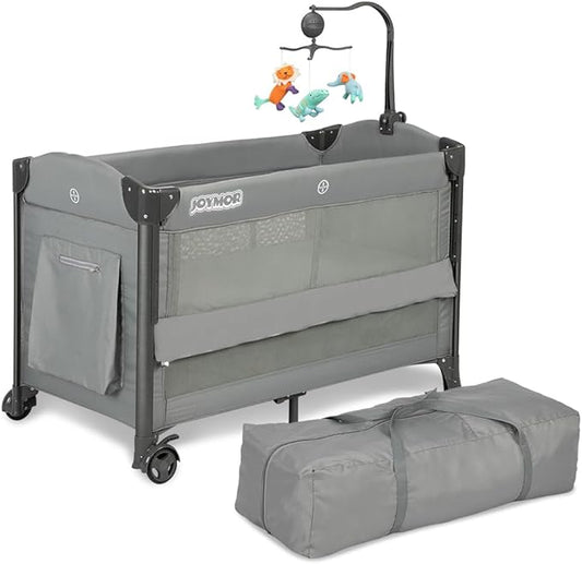 JOYMOR Baby Bassinet, Pack and Play with Bassinet and Carry Bag, Convert to Bedside Sleeper with Toy, Wheels for Boys Girls (Gray)