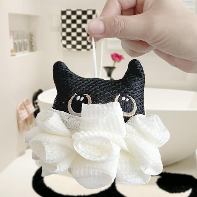 Cute Unicorn Kids Bath Loofahs Balls for Baby Girls Boys Mesh Shower Ball Pouf Exfoliating Bath Sponge Body Cleaner Bath Accessories (Black cat)