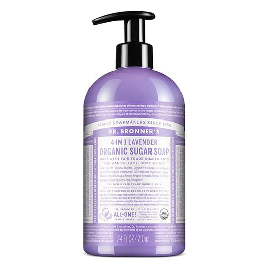 Dr. Bronner’s - Organic Sugar Soap (Lavender, 24 Ounce) - Made with Organic Oils, Sugar and Shikakai Powder, 4-in-1 Uses: Hands, Body, Face and Hair, Cleanses, Moisturizes and Nourishes, Vegan