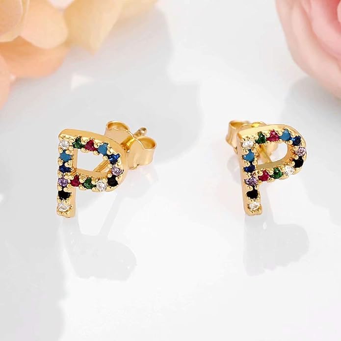 Memorjew Initial Stud Earrings for Women, Hypoallergenic 925 Sterling Silver Post Rainbow Cubic Zirconia Gold Plated 26 Initial Earrings for Women Jewelry Gifts