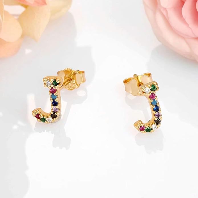 Memorjew Initial Stud Earrings for Women, Hypoallergenic 925 Sterling Silver Post Rainbow Cubic Zirconia Gold Plated 26 Initial Earrings for Women Jewelry Gifts