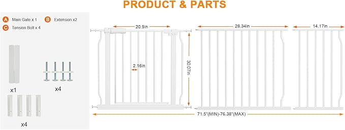 HOOEN Extra Wide Baby Gate for Doorways Stairs White Pressure Mounted Baby Gate Walk Through Child Gates for Kids or Pets Indoor Safety Gates 71.5-76.38 Inch