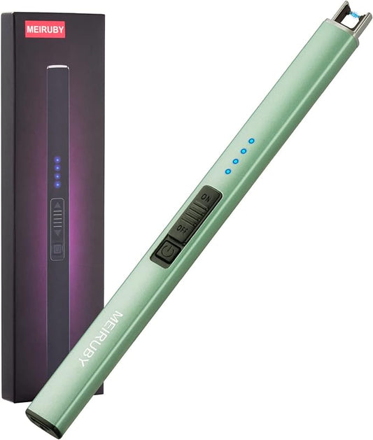 Electric Candle Lighter - Long, Rechargeable, Arc, Windproof, Flameless Lighters for Candle, Camping, BBQ, Birthday Gifts - Green