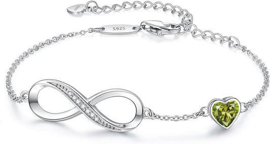 CDE Infinity Heart Birthstone Charm Link Bracelet for Women 925 Sterling Silver Adjustable Mother's Day Gift Anniversary Birthday Jewelry for Wife Girlfriend Her