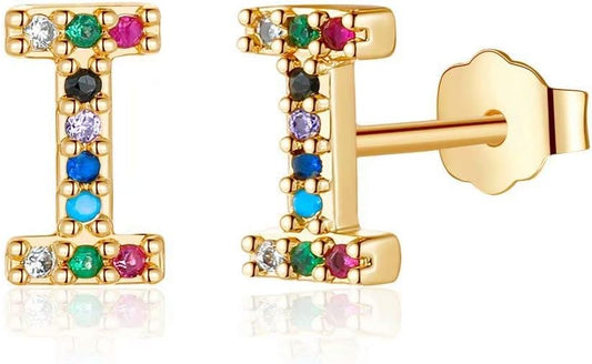 Memorjew Initial Stud Earrings for Women, Hypoallergenic 925 Sterling Silver Post Rainbow Cubic Zirconia Gold Plated 26 Initial Earrings for Women Jewelry Gifts