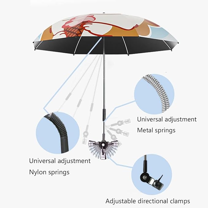 Convenient and Lightweight, Clip-On, Adjustable Steering, Universal, Umbrella Baby Stroller, Stroller Umbrella Attachment for Sun Protection